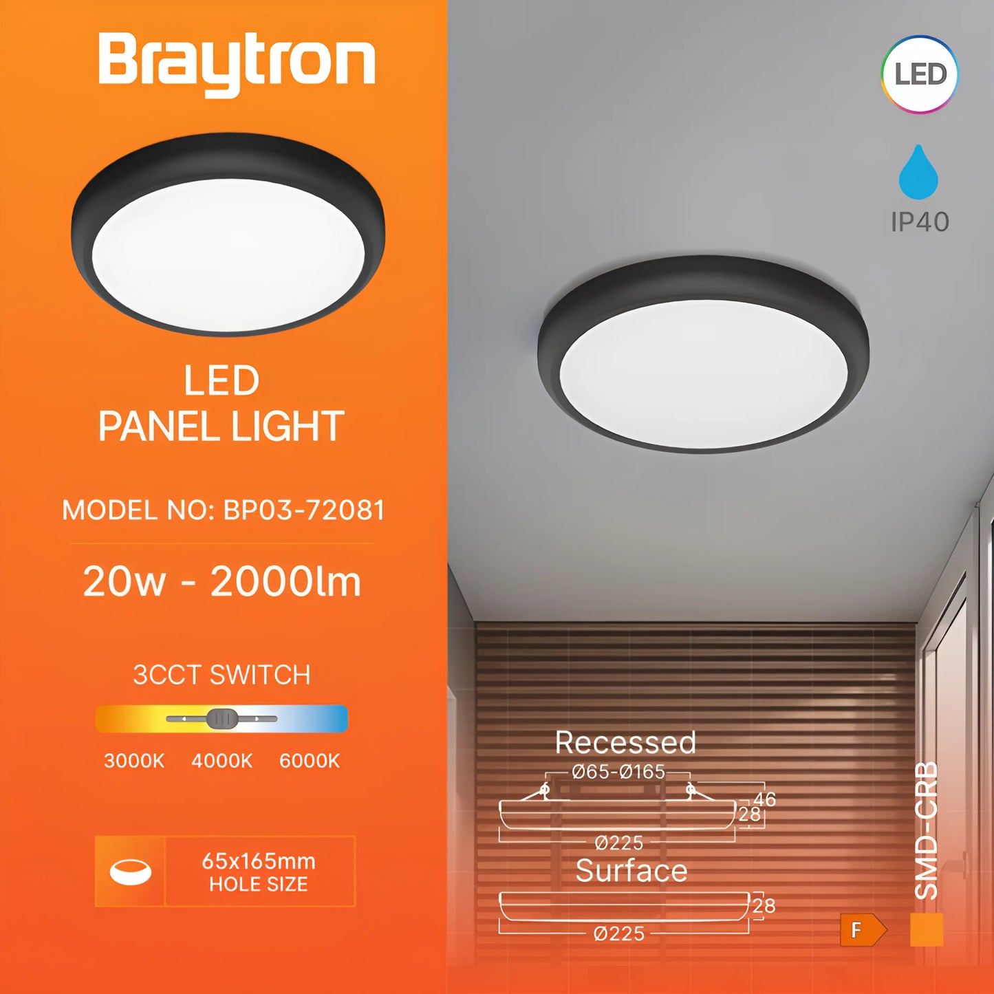 Braytron Smd Crb 20W Okrugli Crni 3U1 Nadgradni Led Panel