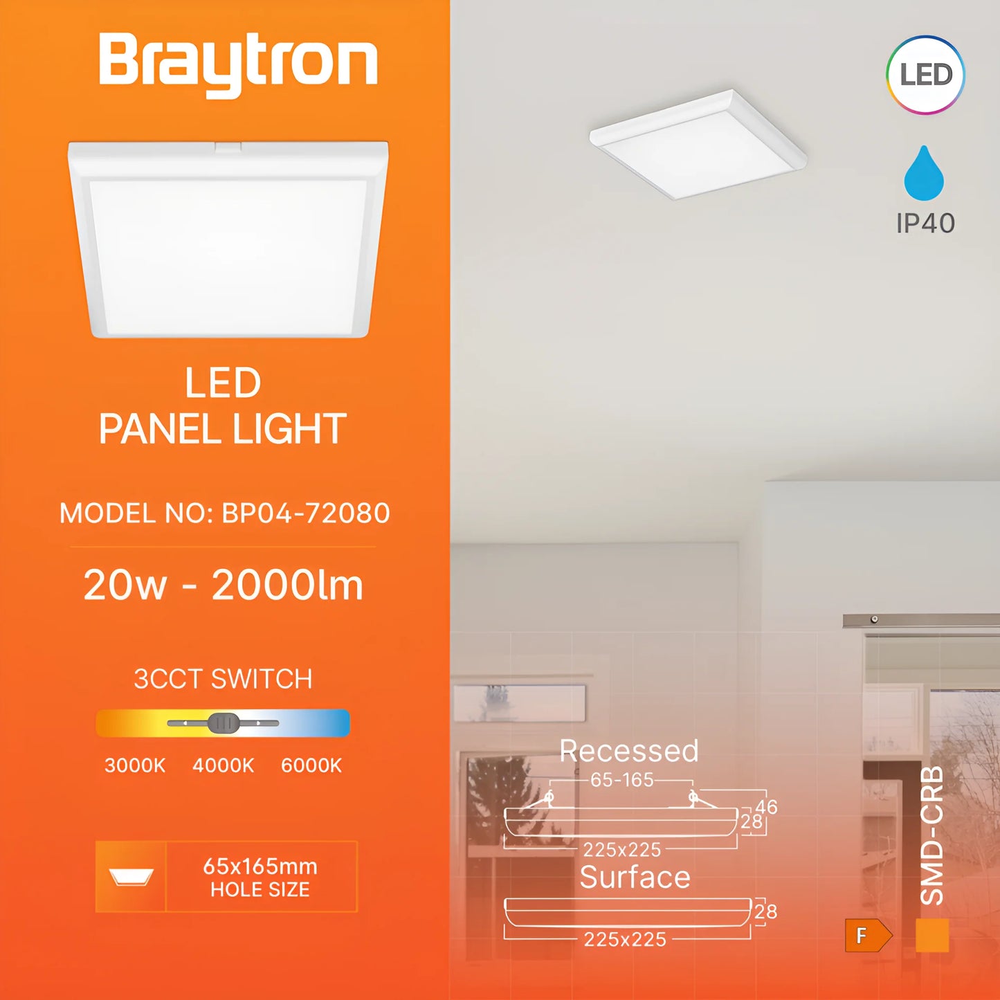 Braytron Smd Crb 20W Kvadratni Bijeli 3U1 Ip40 Nadgradni Led Panel