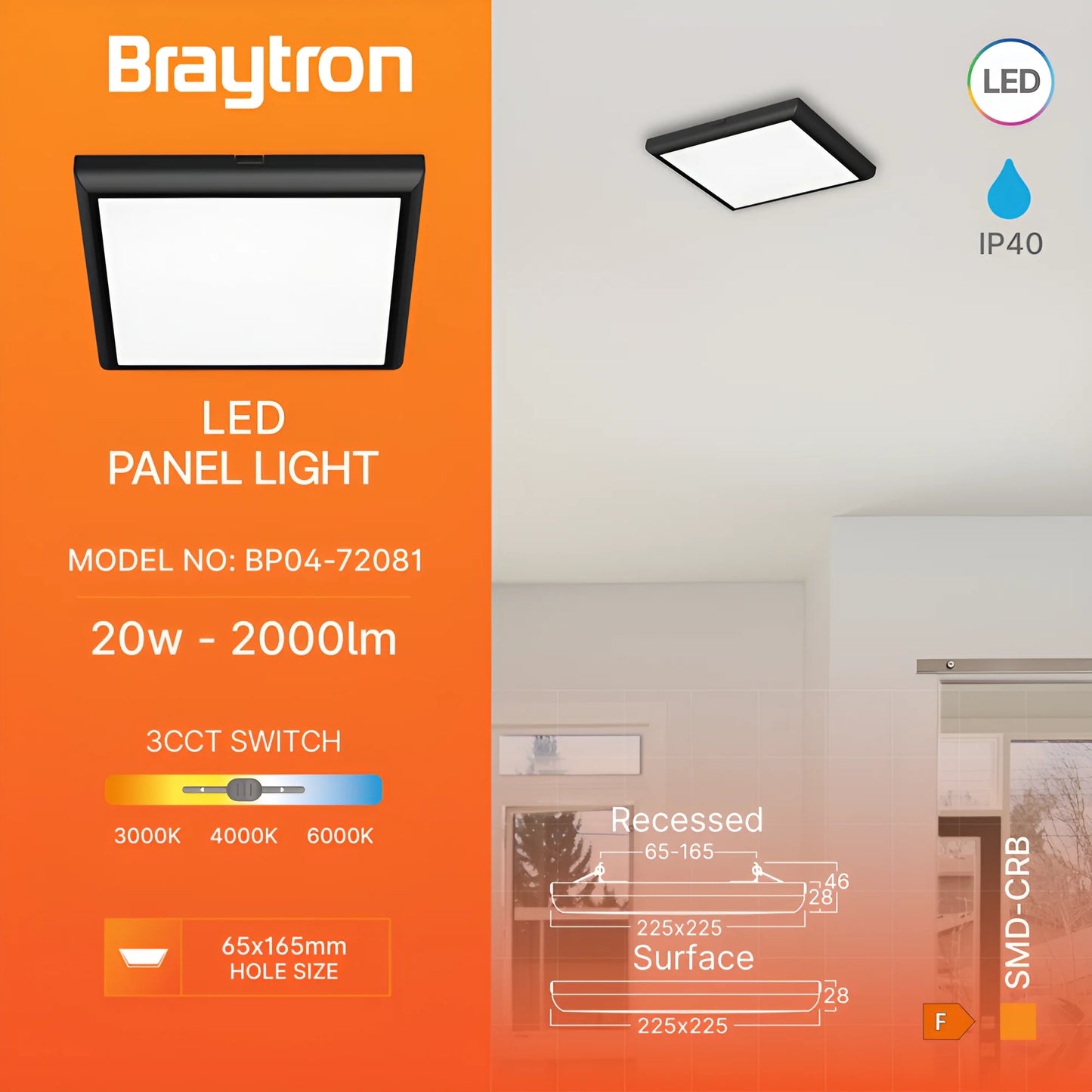 Braytron Smd Crb 20W Kvadratni Crni 3U1 Ip40 Nadgradni Led Panel