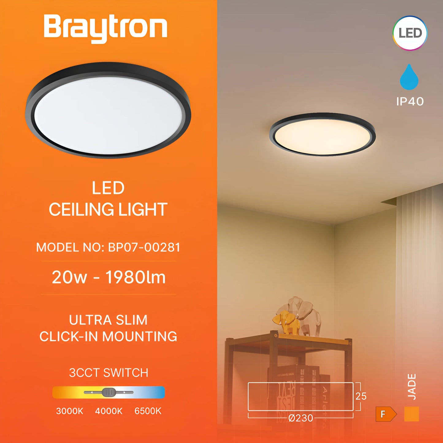 Braytron Jade Slr Crna Krug 20W 3U1 Led Plafonjera