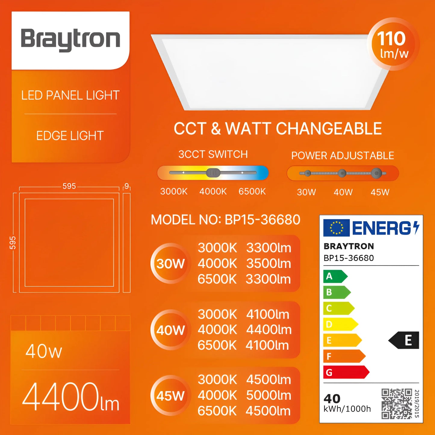 Braytron Panelled 40W 595X595 Bijeli 3U1 Ugradni Led Panel