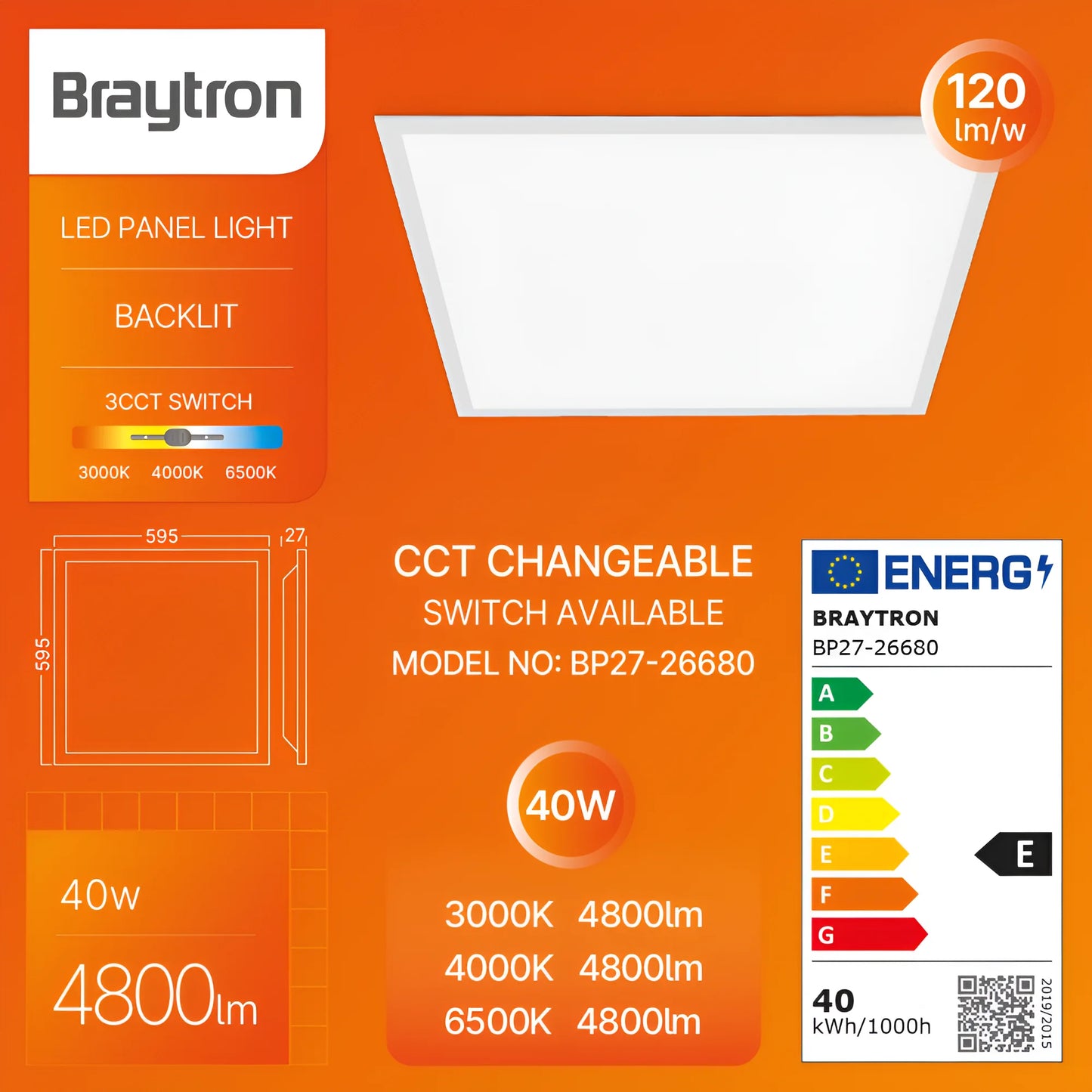 Braytron Panelled Rl 33W 595X595 Bijeli 3In1 Ugradni Led Panel