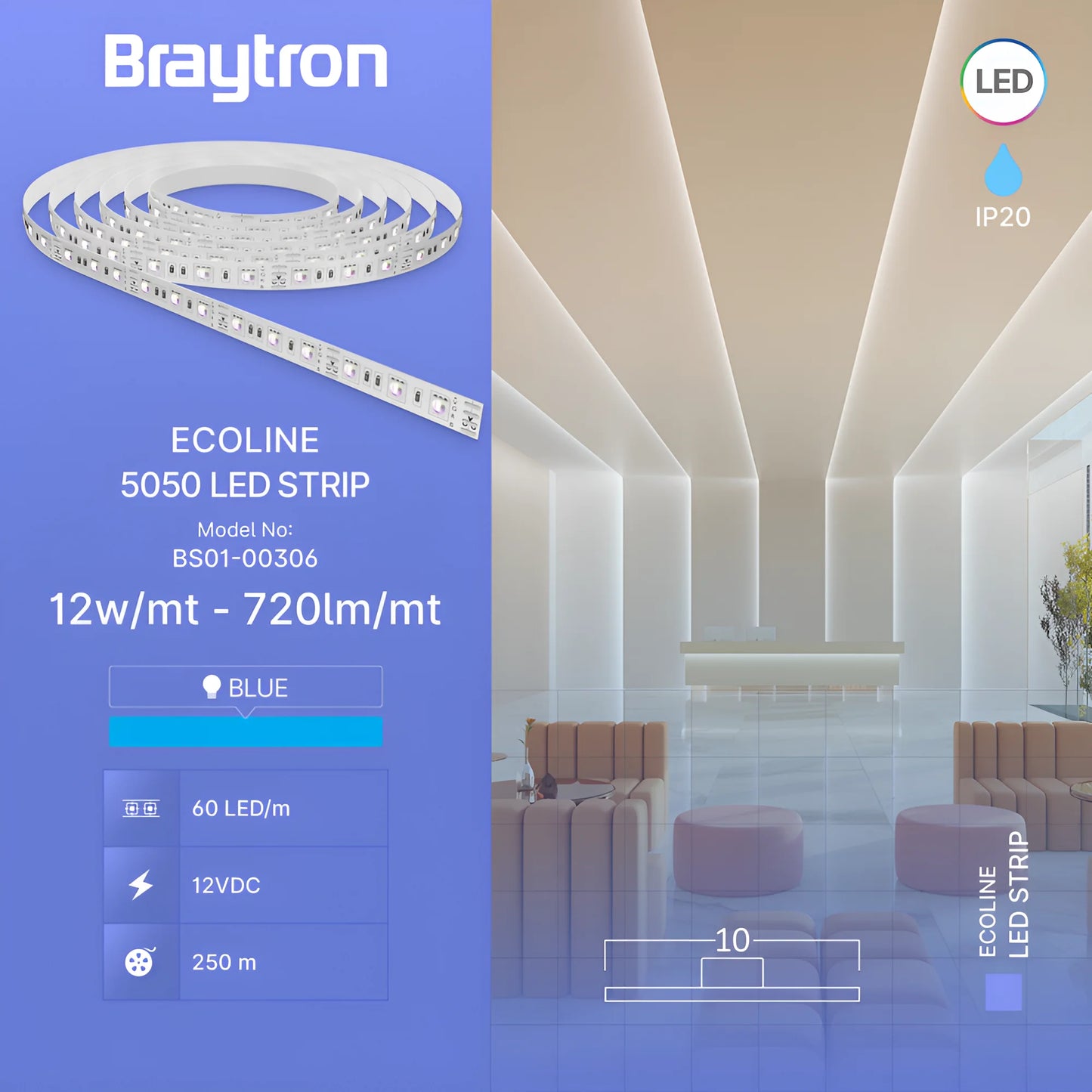 Braytron Ecoline 12W 60L 5050 Plava 12V Ip20 5M Led Traka