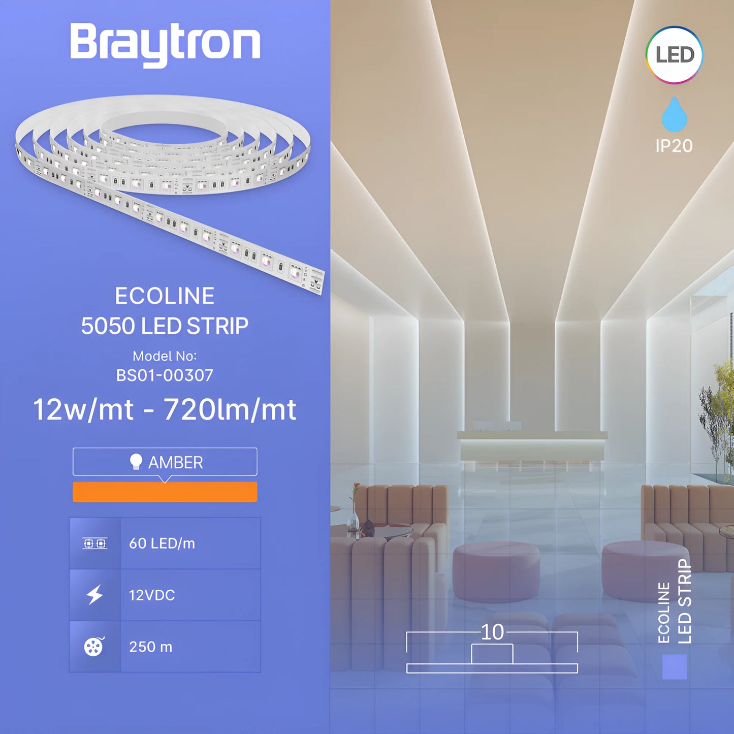 Braytron Ecoline 12W 60L 5050 Ylw 12V Ip20 5M Led Traka