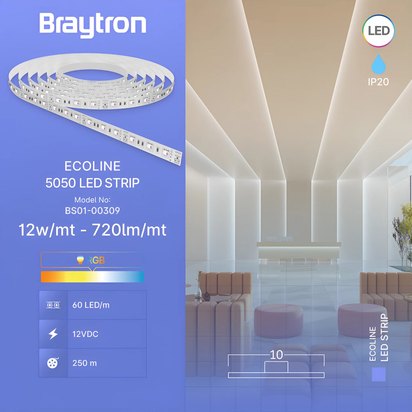 Braytron Ecoline 12W 60L 5050 Rgb 12V Ip20 5M Led Traka