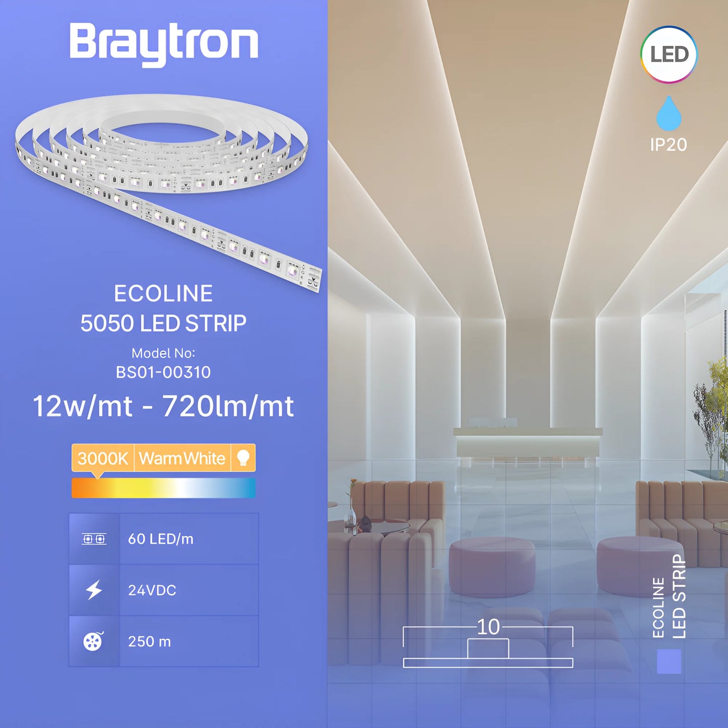 Braytron Ecoline 12W 60L 5050 3000K 24V Ip20 5M Led Traka