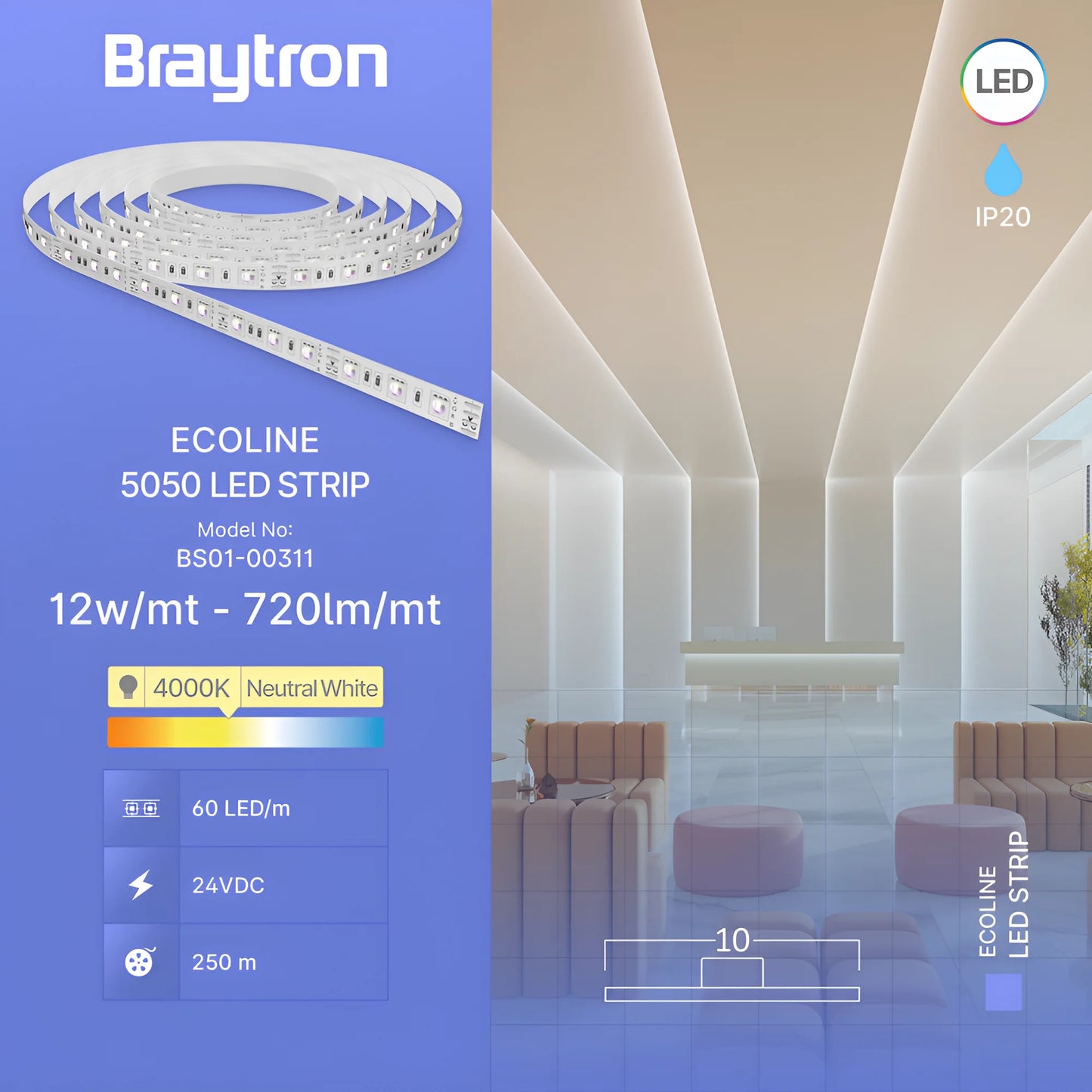 Braytron Ecoline 12W 60L 5050 4000K 24V Ip20 5M Led Traka