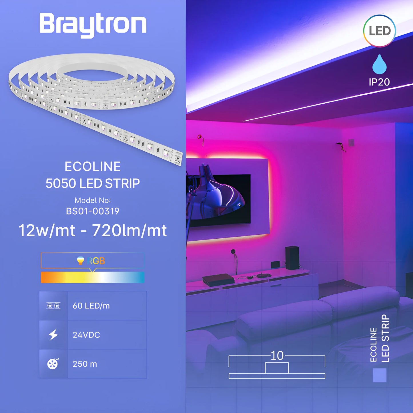 Braytron Ecoline 12W 60L 5050 Rgb 24V Ip20 5M Led Traka