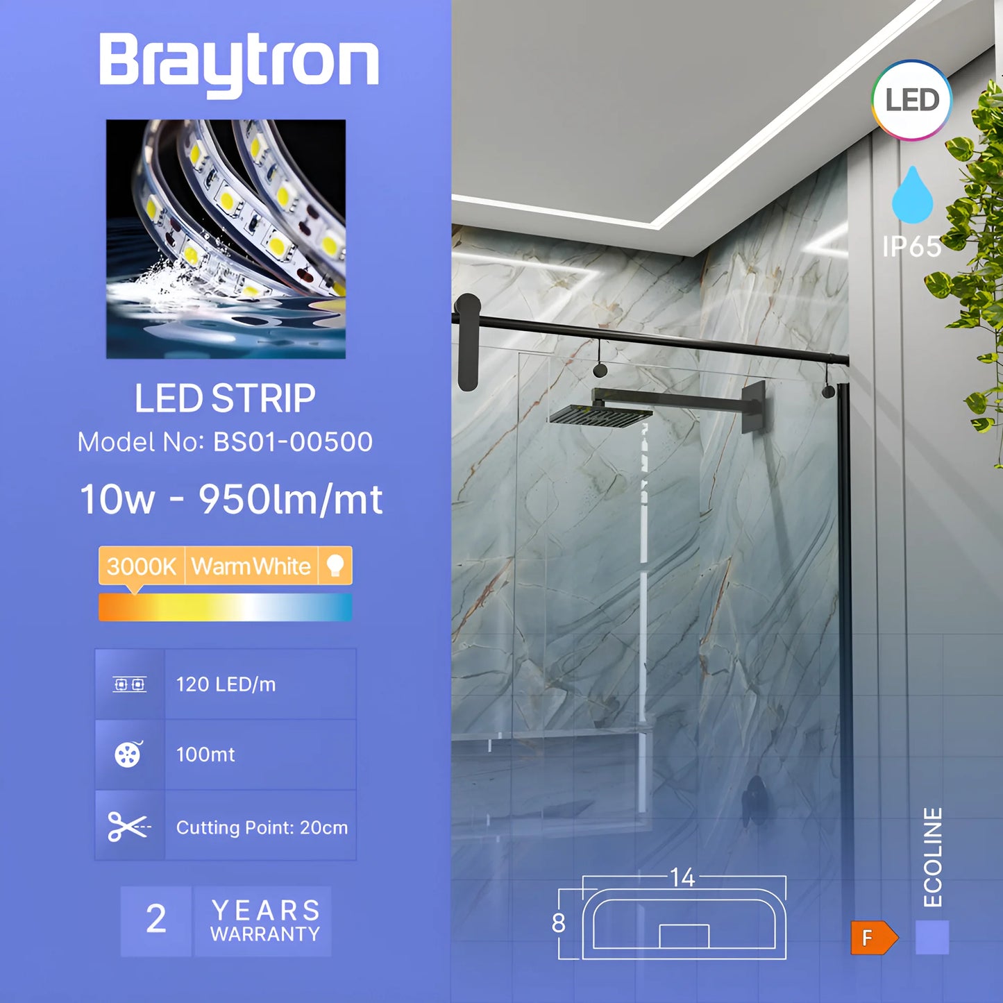 Braytron Ecoline 120L 2835 3000K 220V 8W Ip54 Led Traka