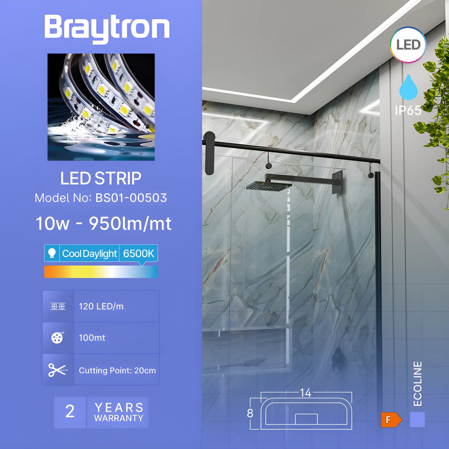 Braytron Ecoline 120L 2835 6500K 220V 8W Ip54 Led Traka