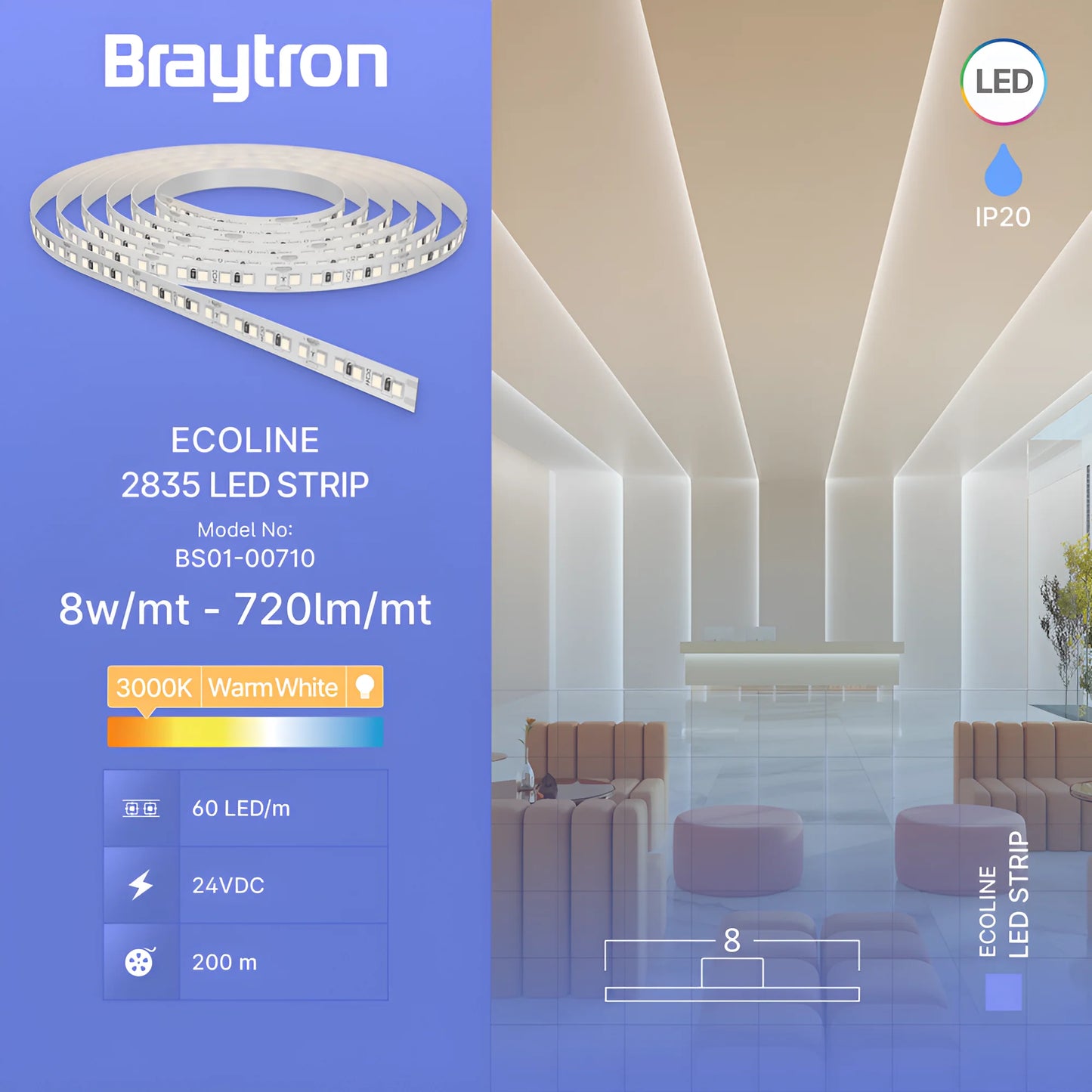 Braytron Ecoline 8W 60L 2835 3000K 24V Ip20 5M Led Traka