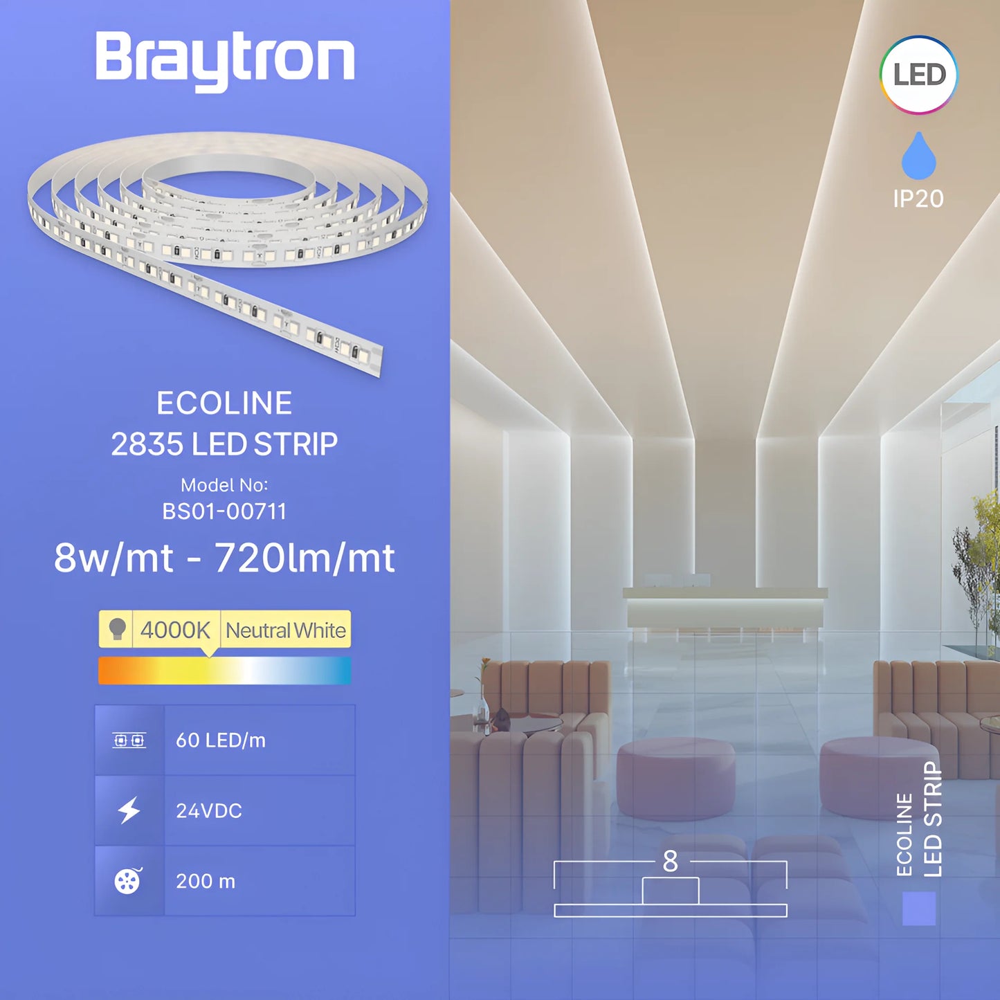 Braytron Ecoline 8W 60L 2835 4000K 24V Ip20 5M Led Traka