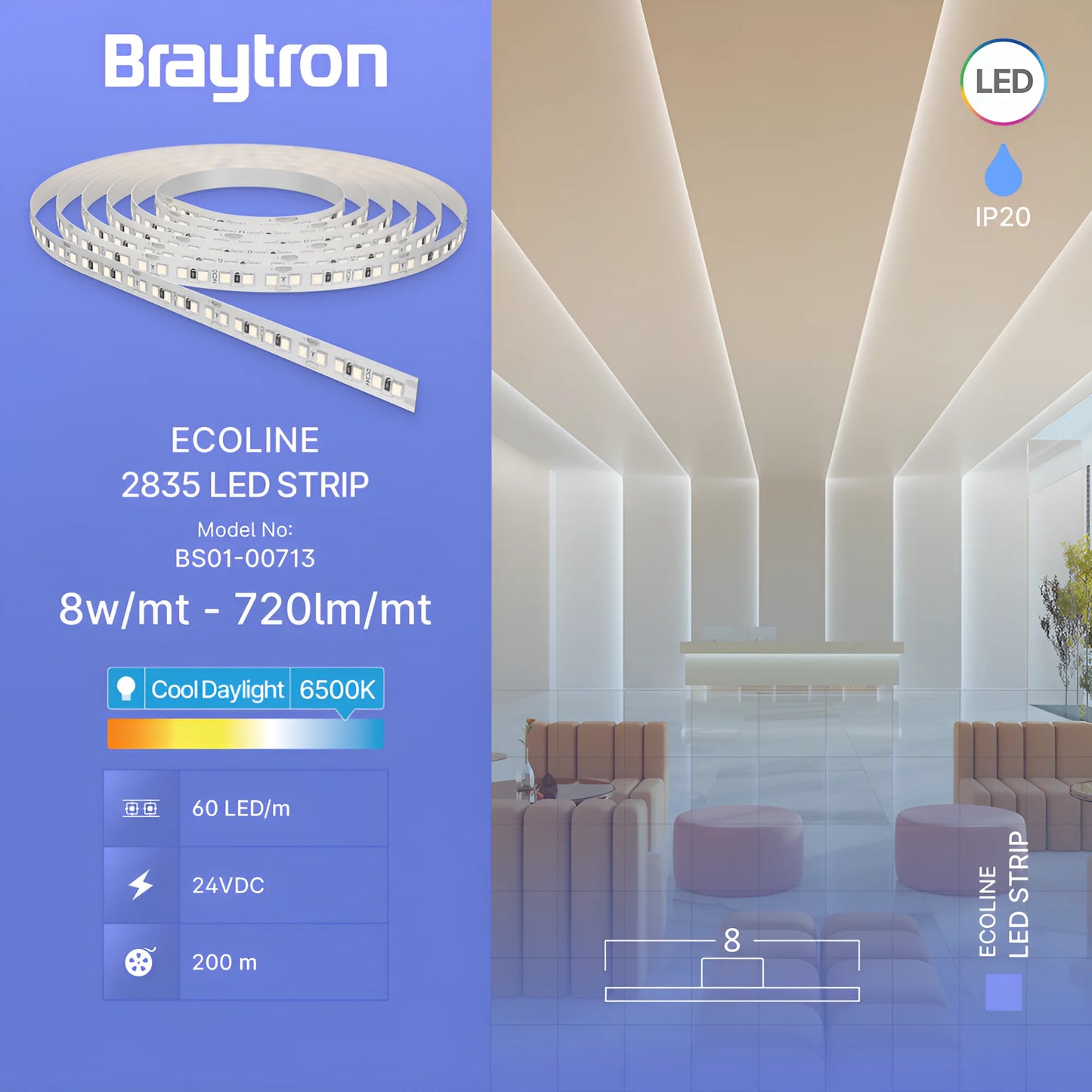 Braytron Ecoline 8W 60L 2835 6500K 24V Ip20 5M Led Traka