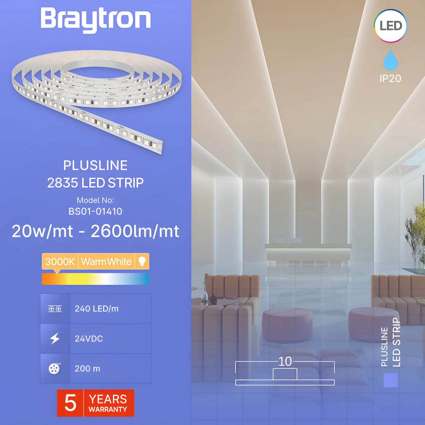 Braytron Plusline 20W 240L 2835 3000K 24V Ip20 10M Led Traka