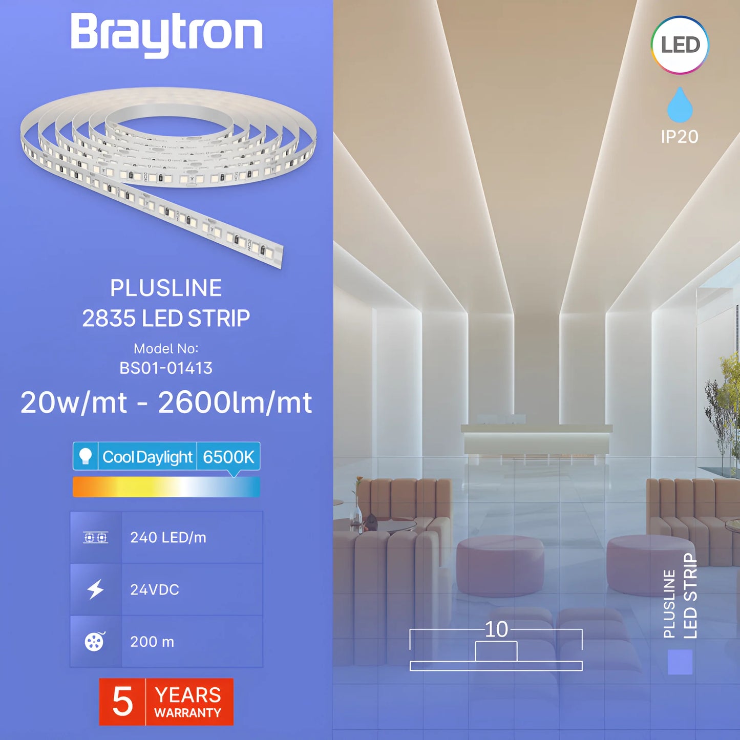 Braytron Plusline 20W 240L 2835 6500K 24V Ip20 10M Led Traka
