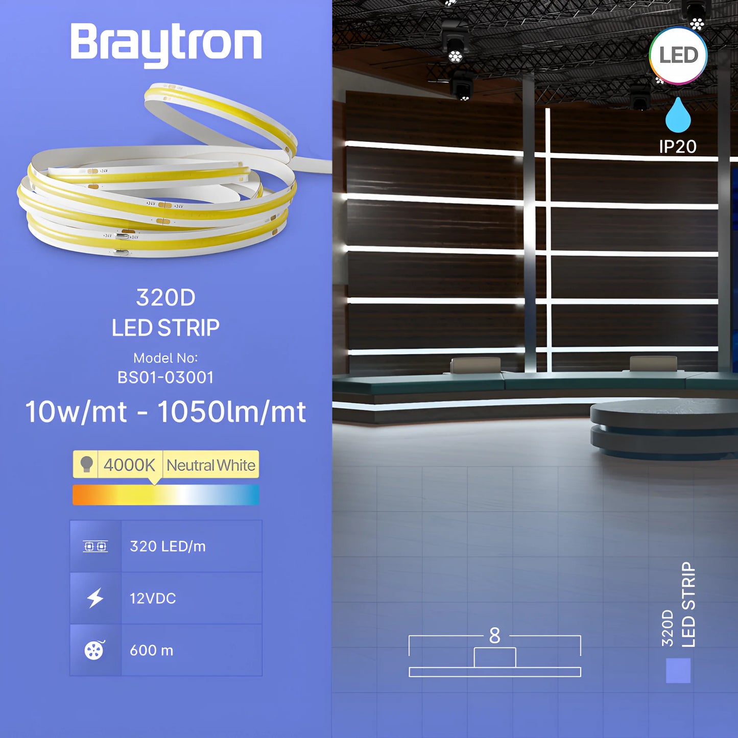 Braytron Cobline 10W 320D Cob 4000K 12V Ip20 10M Led Traka