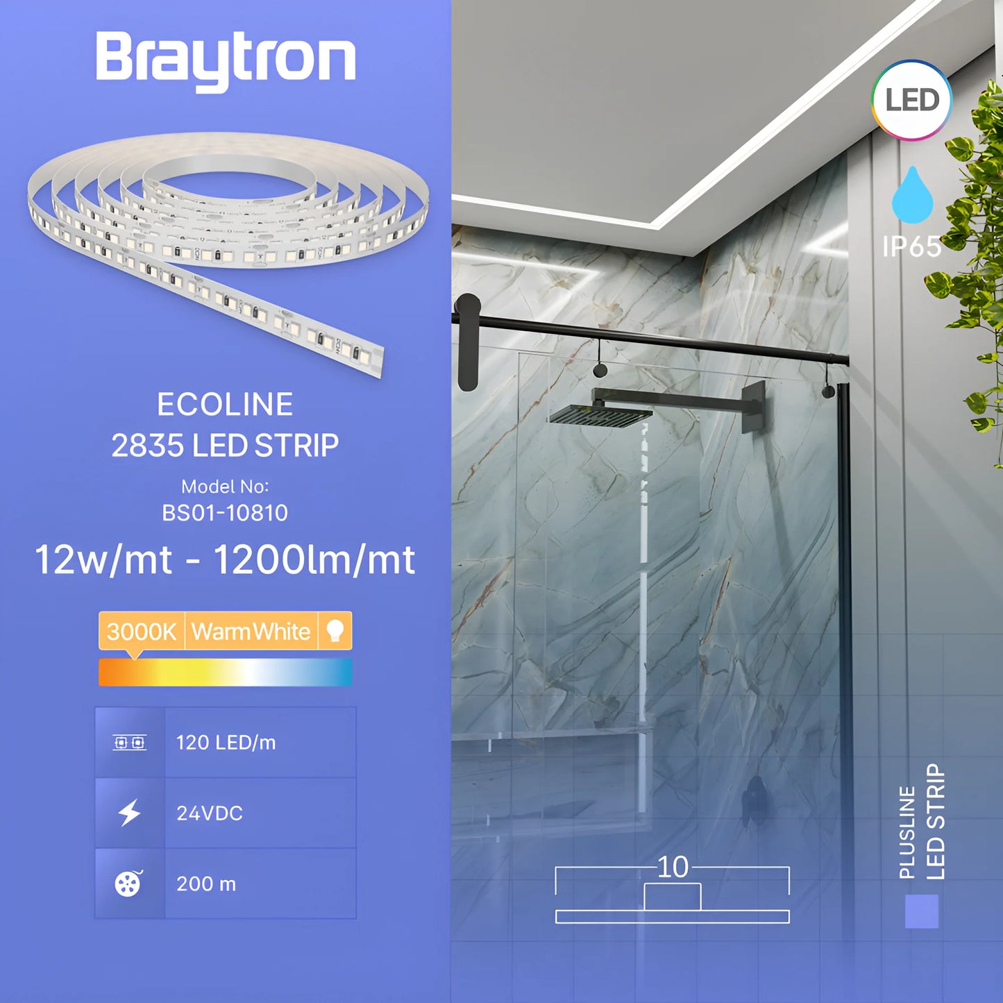 Braytron Ecoline 12W 120L 2835 3000K 24V Ip54 5M Led Traka
