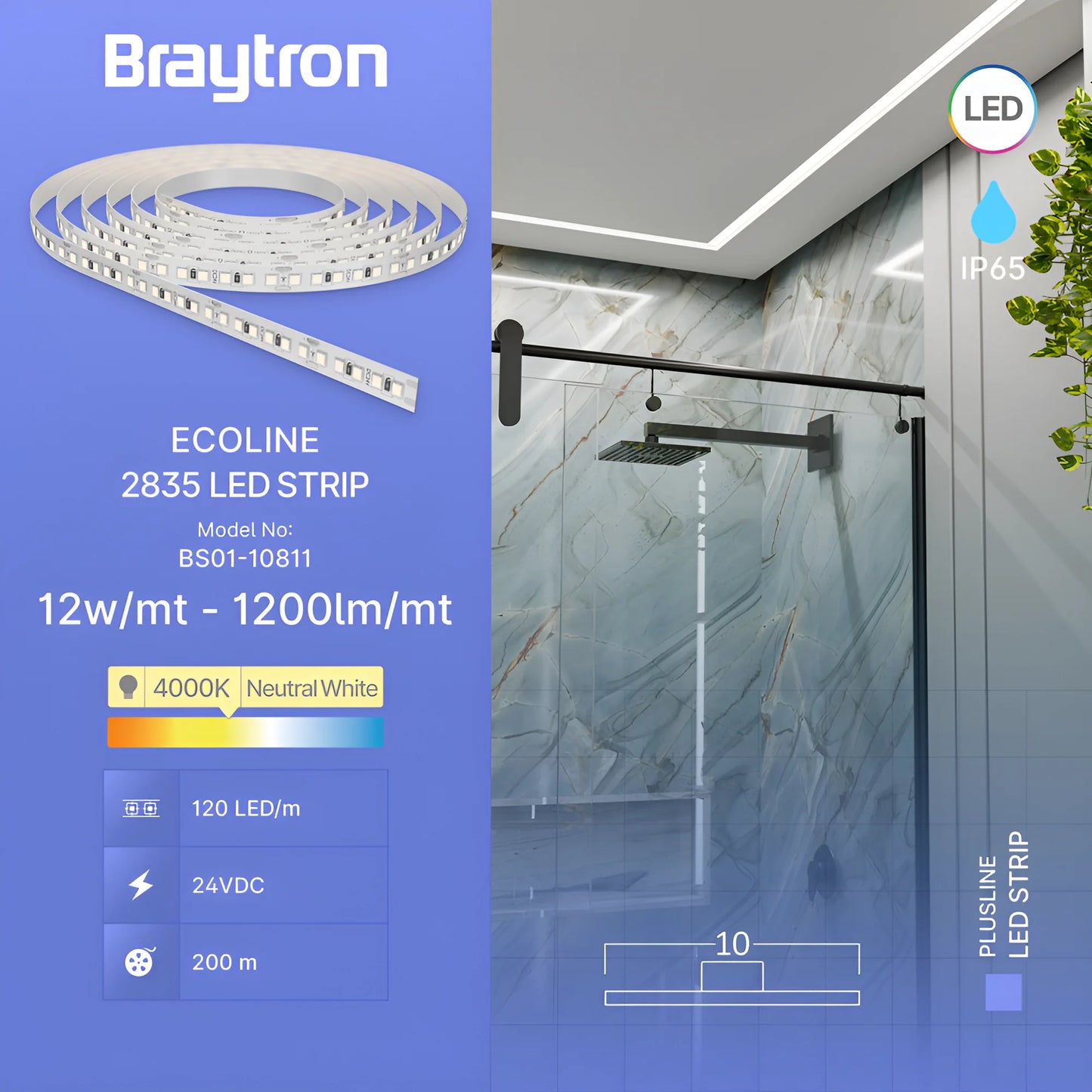 Braytron Ecoline 12W 120L 2835 4000K 24V Ip54 5M Led Traka