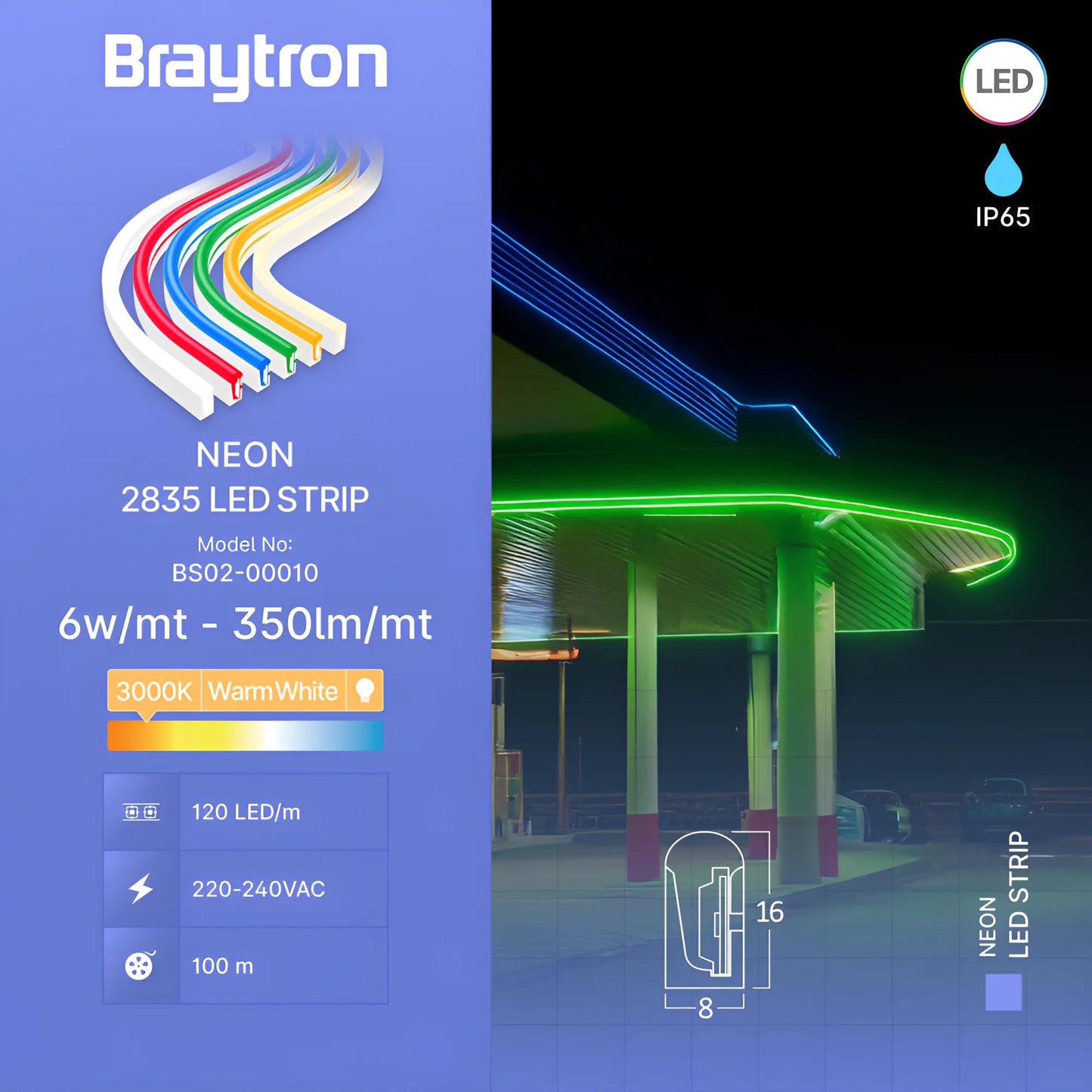 Bry-Neon-8X16-220V-3000K-100M-Neon LED Strip