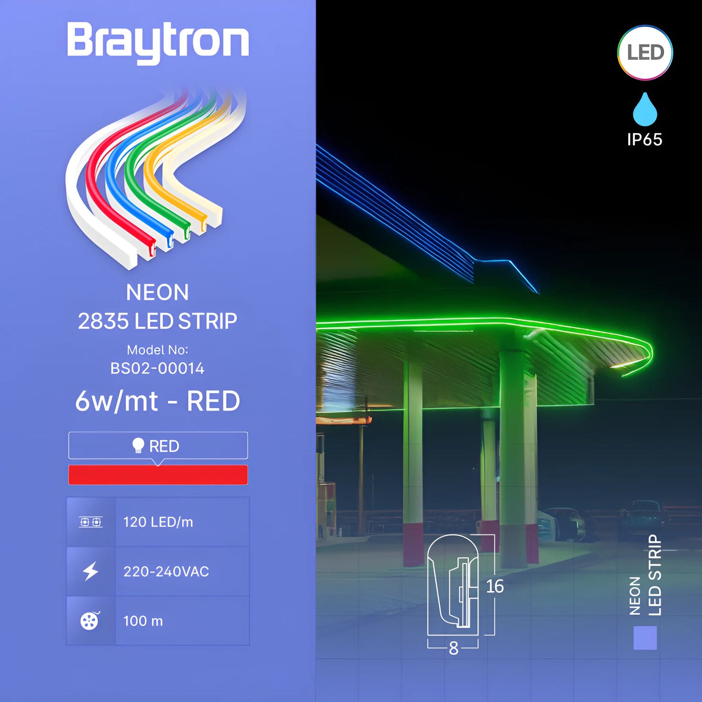 Braytron Neon 8X16 220V Crvena 100M Neon Led Traka