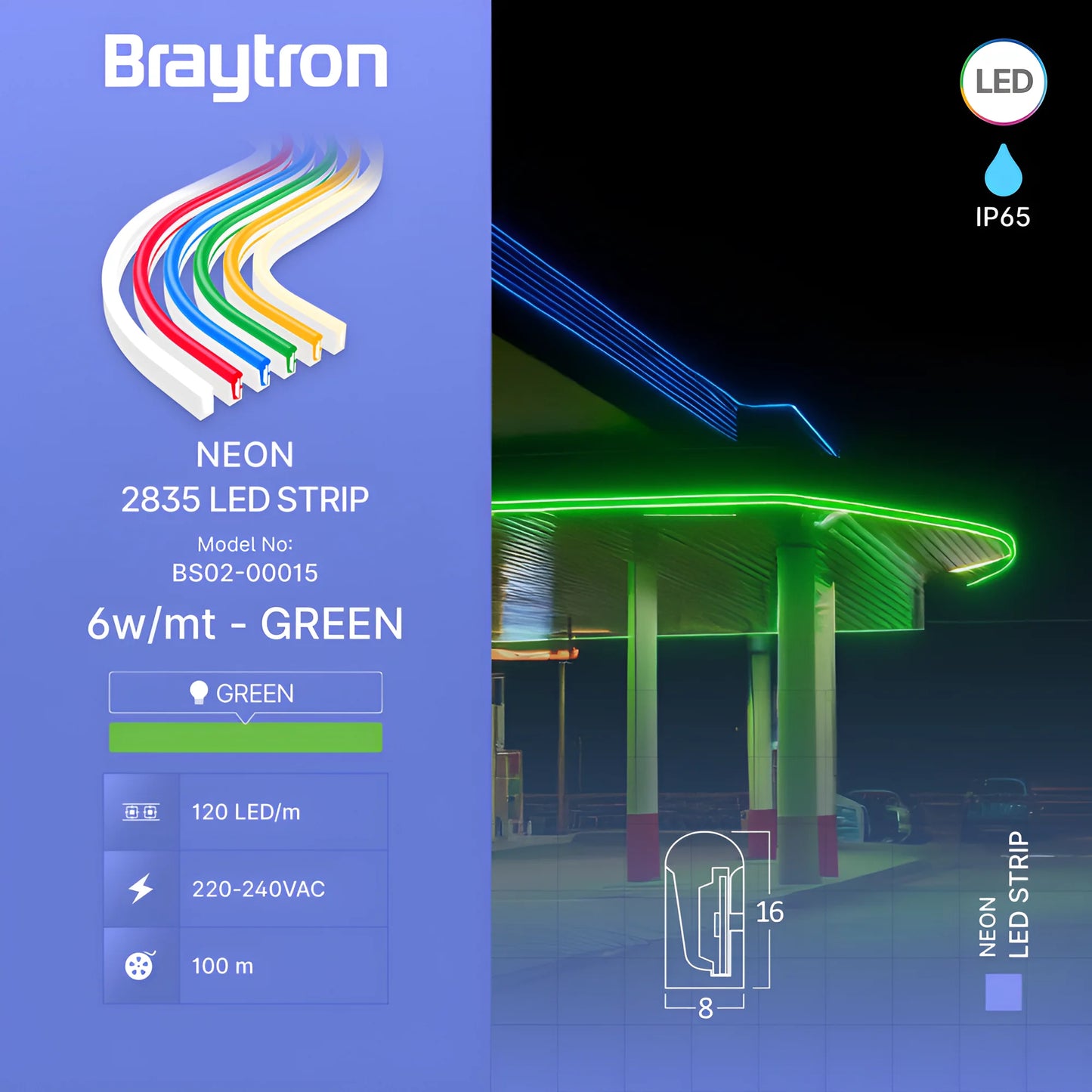 Bry-Neon-8X16-220V-Green-100M-Neon LED Strip