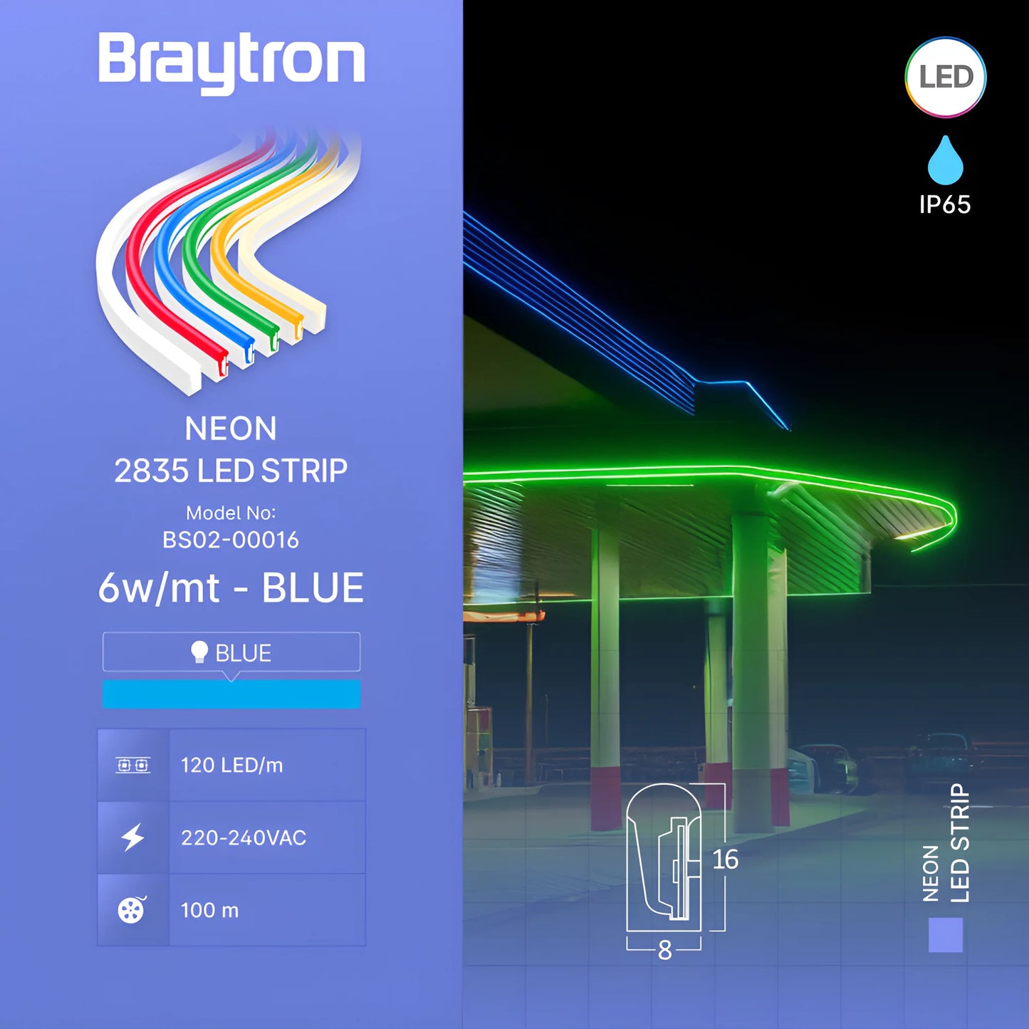 Braytron Neon 8X16 220V Plava 100M Neon Led Traka