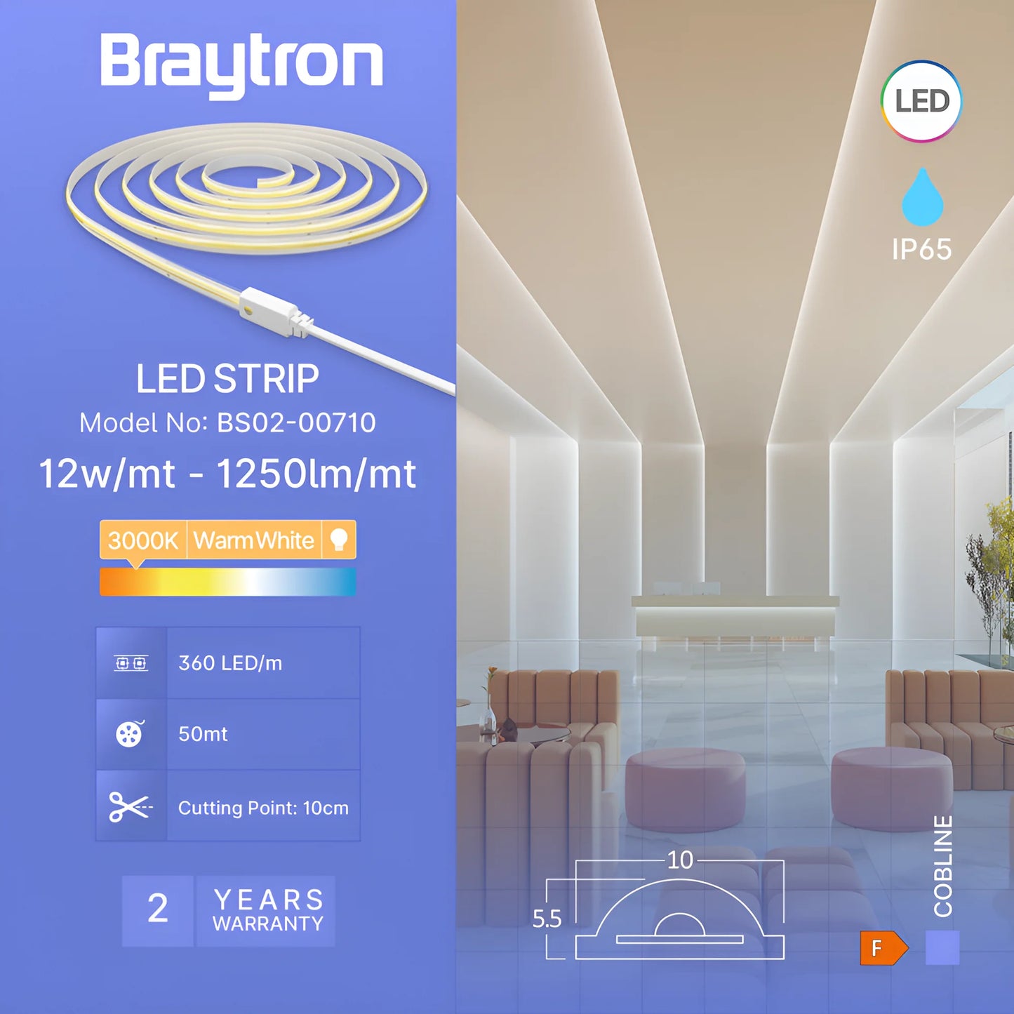 Braytron Cobline 360L Cob 3000K Clr 220V Ip54 50M Led Traka