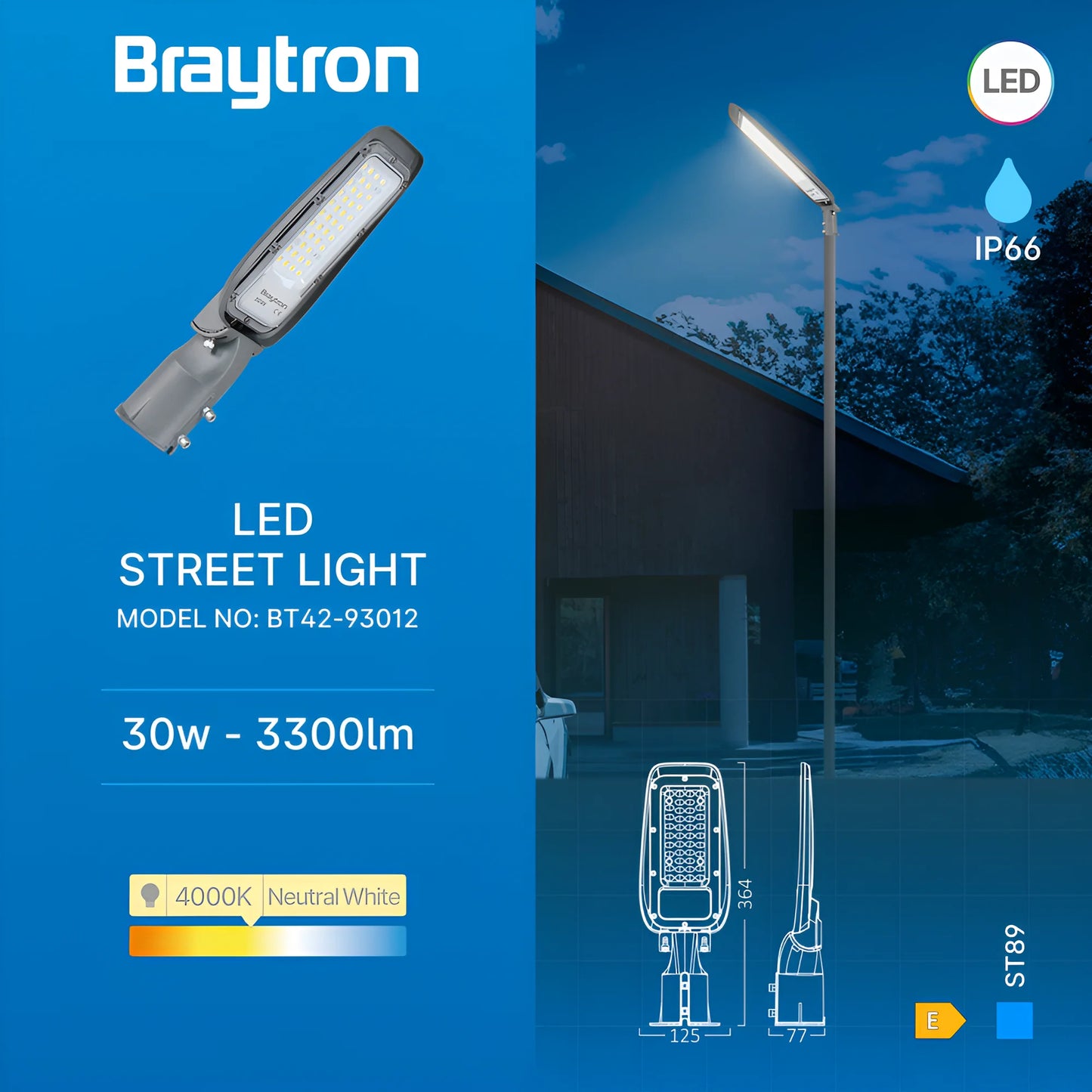 Braytron St89 30W Siva 4000K Ip66 Led Ulicna Svjetiljka
