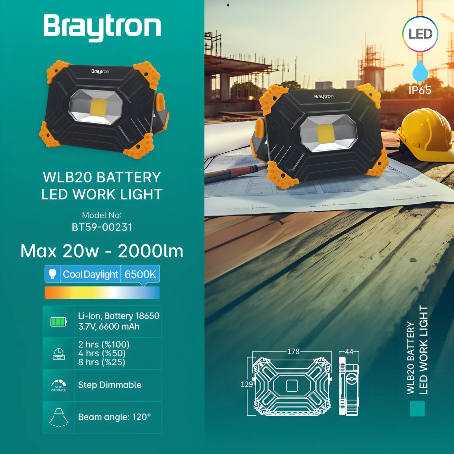 Braytron Wlb20 Crni 20W 6500K Led Reflektor Punjivi