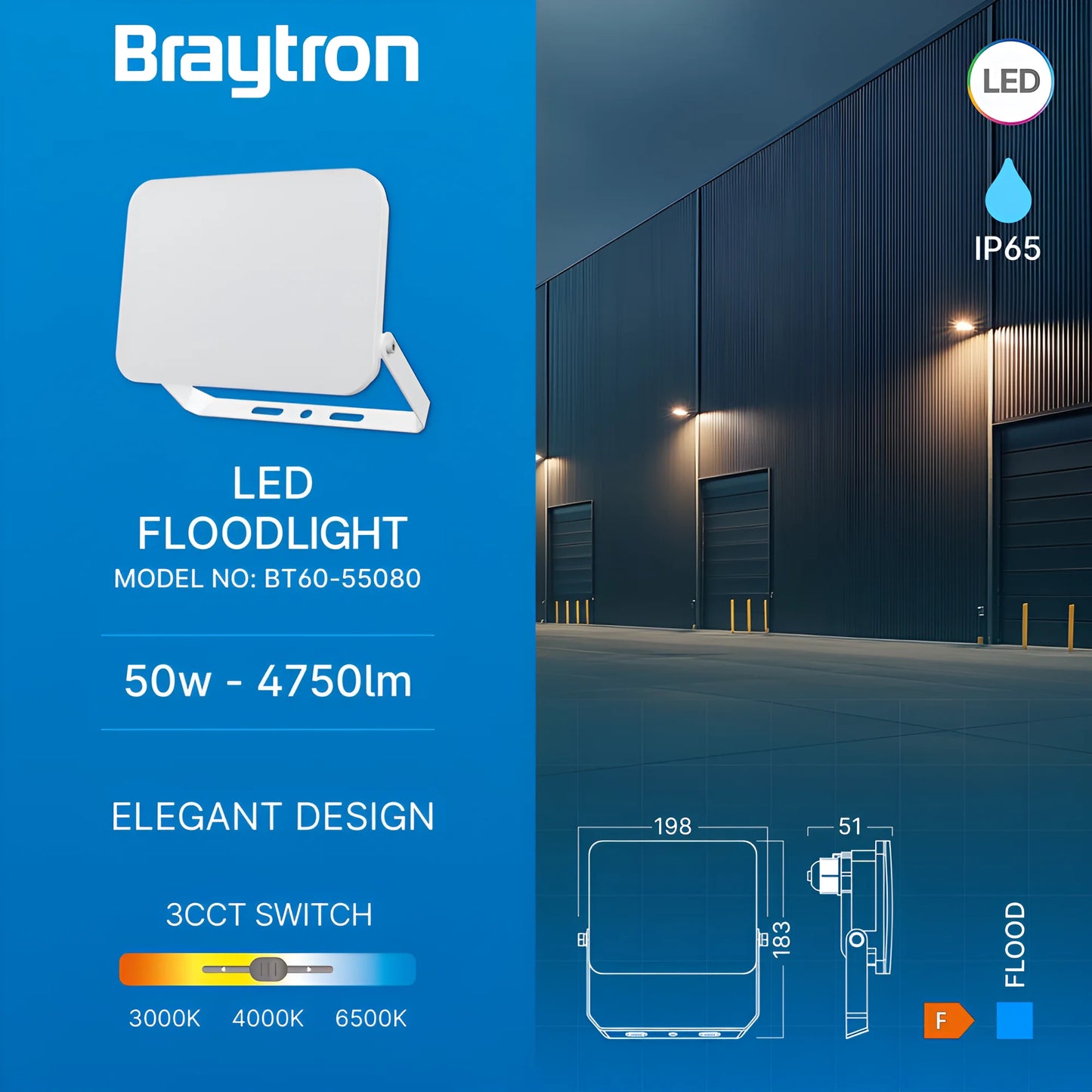 Braytron Flood Wf 50W Bijeli 3U1 Ip65 Led Reflektor
