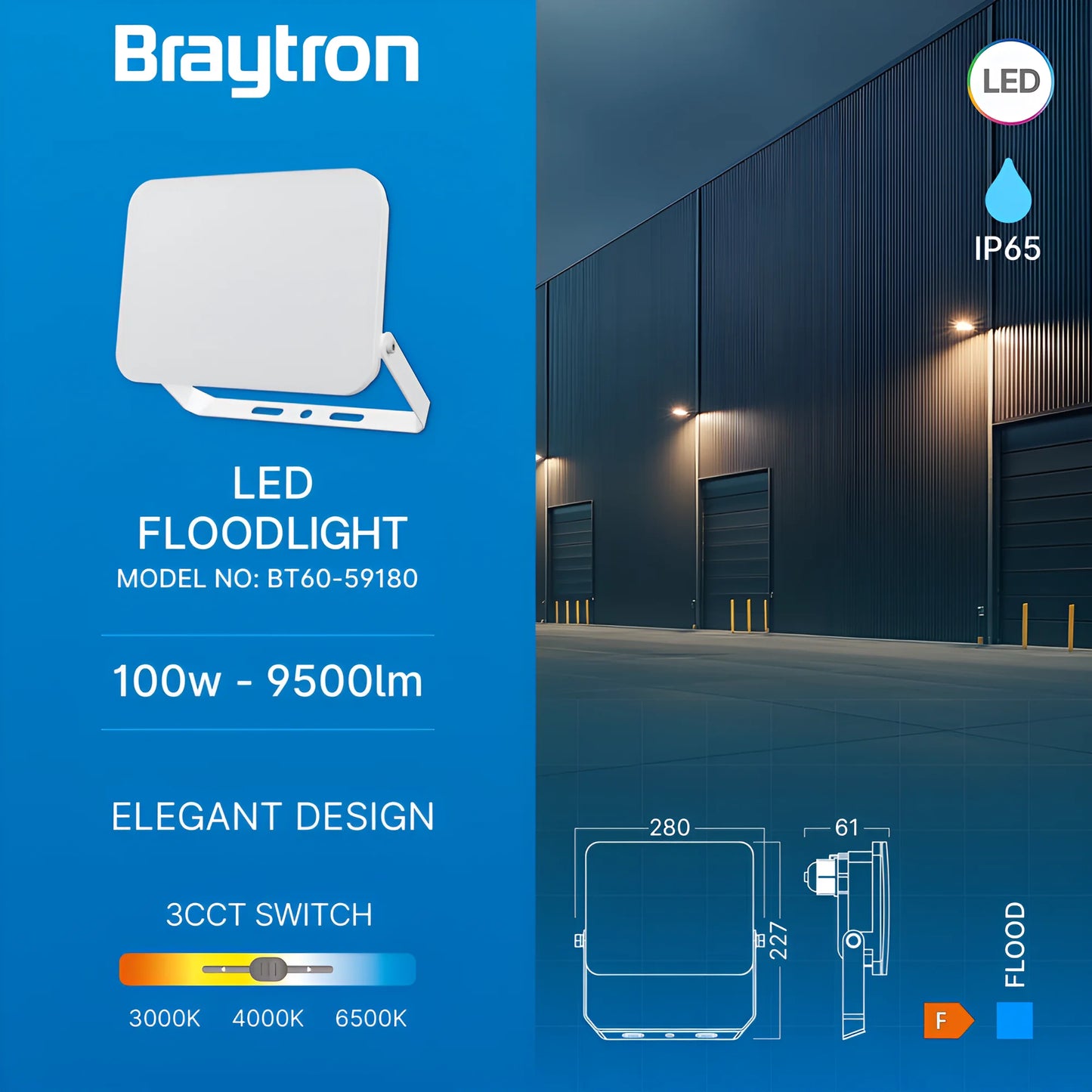 Braytron Flood Wf 100W Bijeli 3U1 Ip65 Led Reflektor