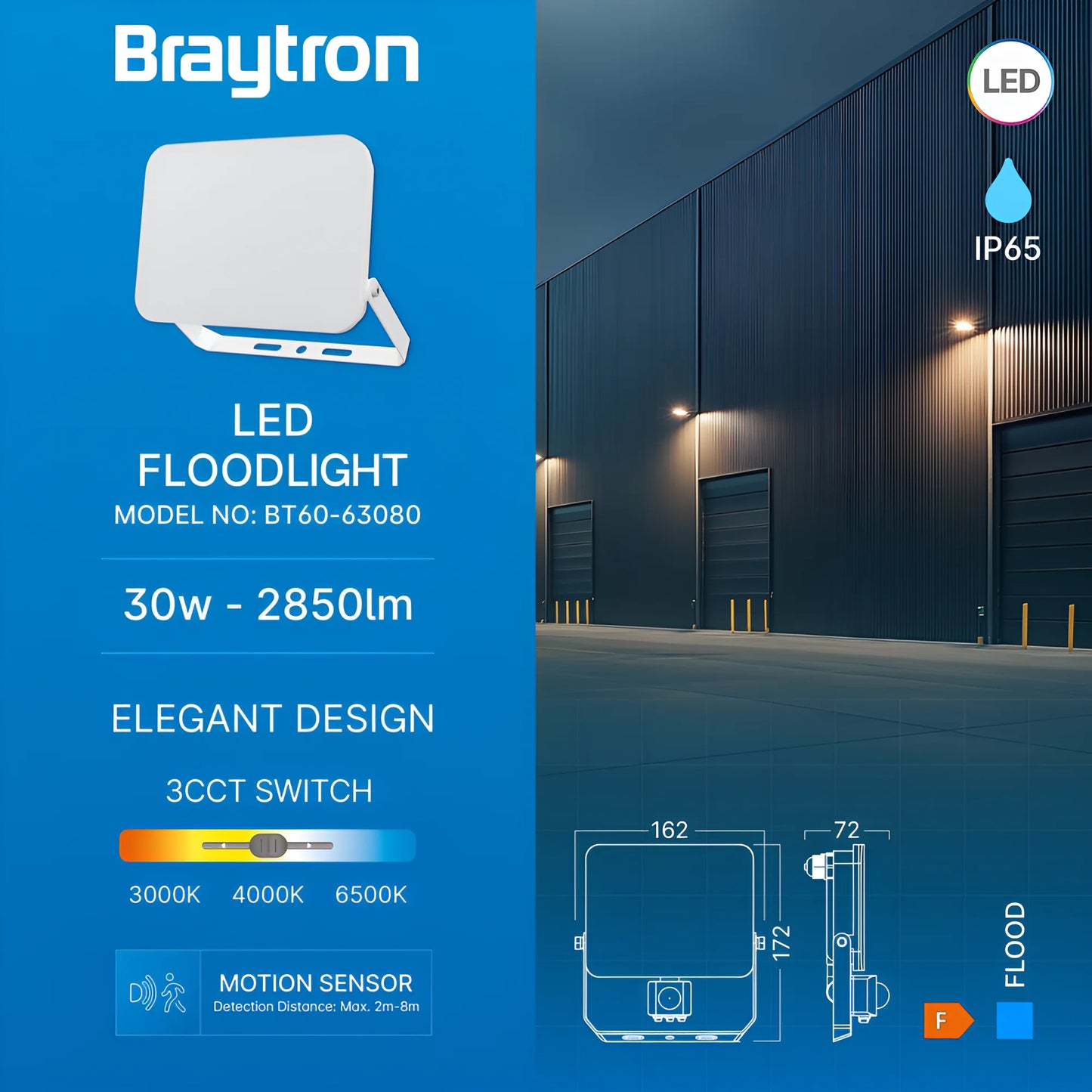 Braytron Flood Wf 30W Bijeli 3U1 Senzor Ip54 Led Reflektor