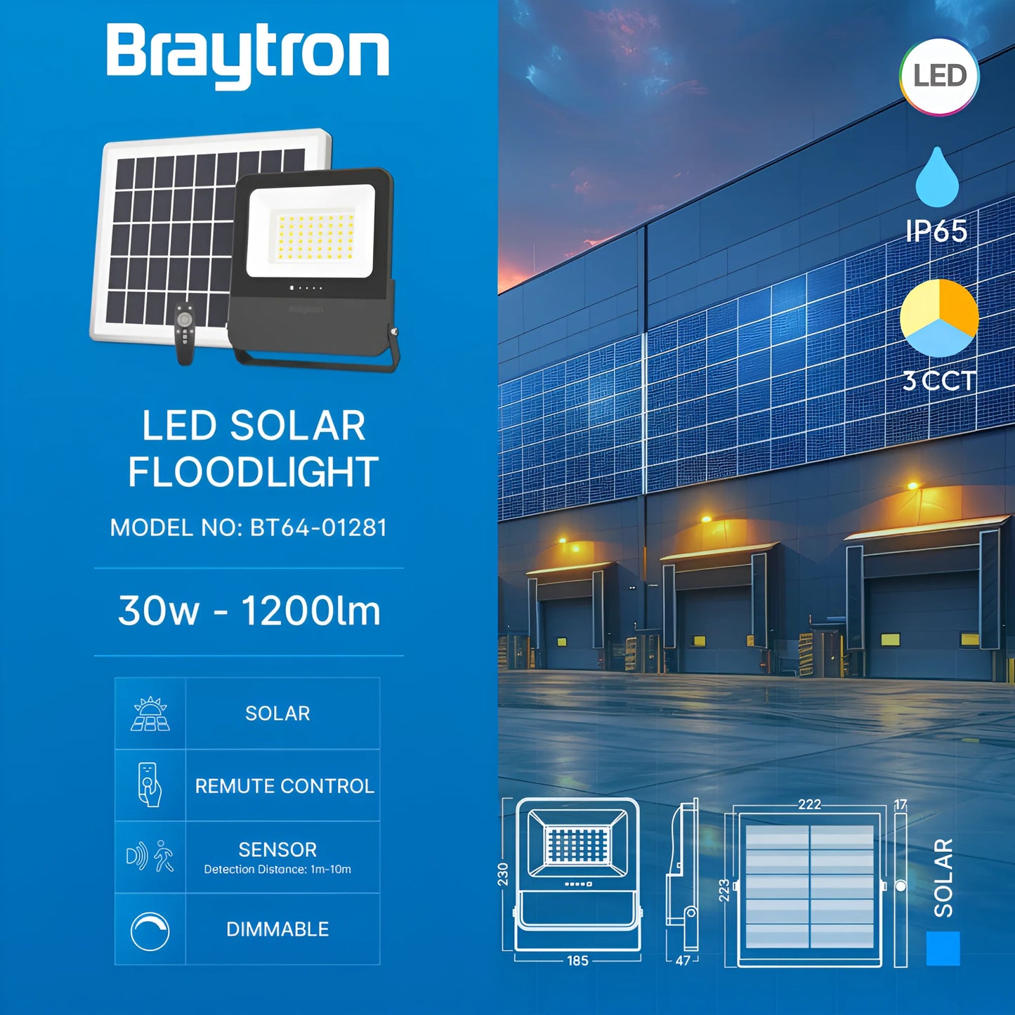Braytron Solar Pl 30W 3U1 Daljinski Ip65 Solarni Led Reflektor