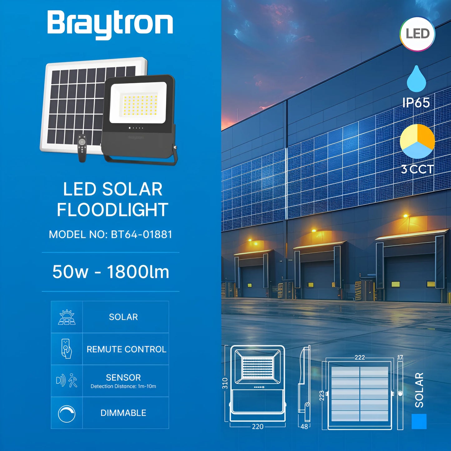 Braytron Solar Pl 50W 3U1 Daljinski Ip65 Solarni Led Reflektor