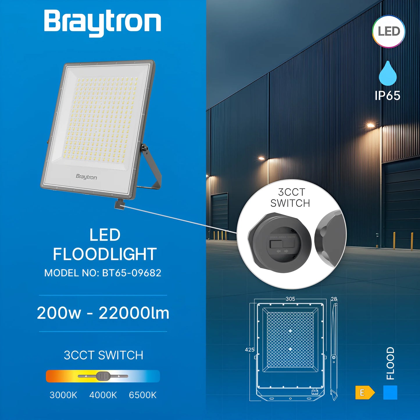 Braytron Flood Pf 200W Sivi 3U1 Ip65 Led Reflektor