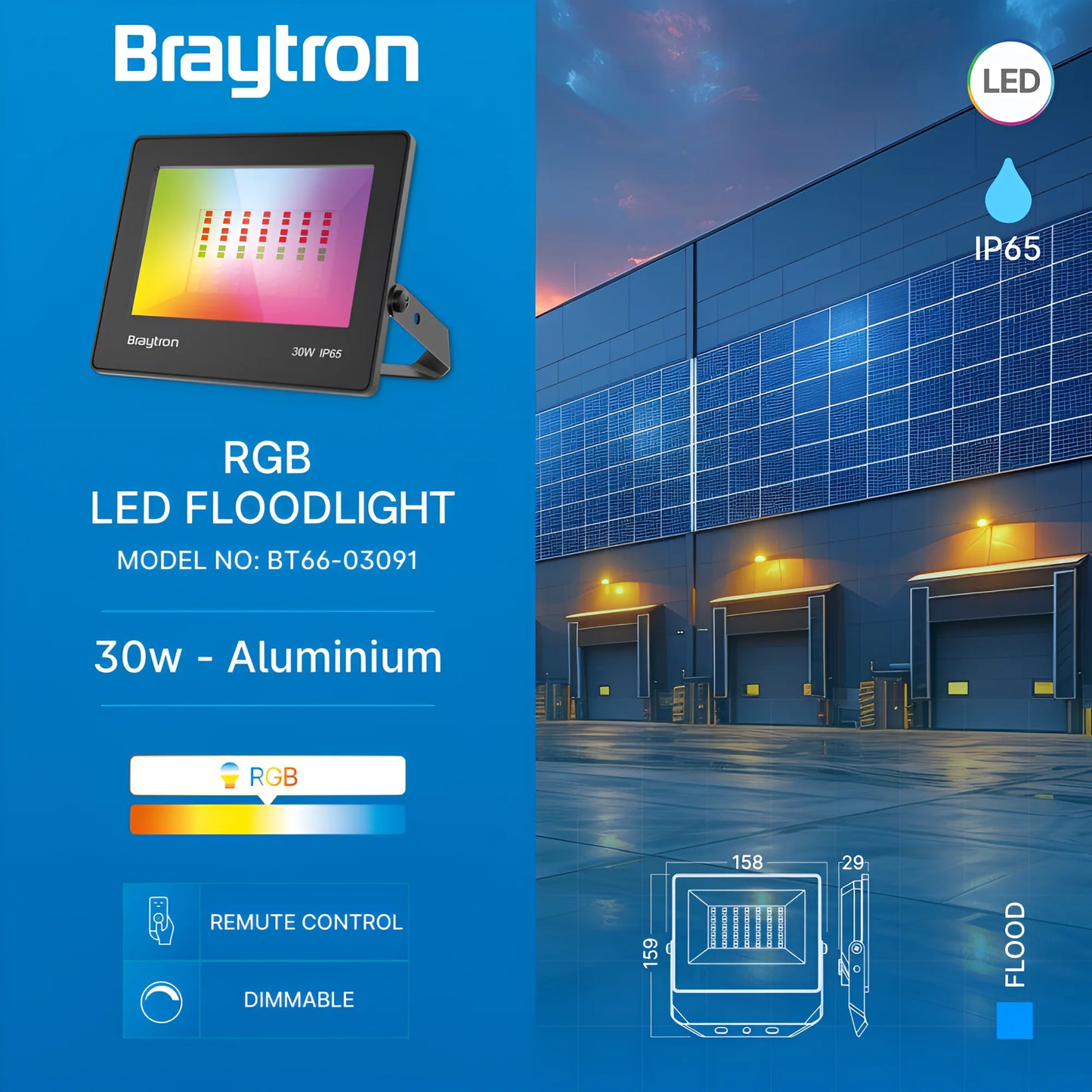 Braytron Flood Cf 30W Crna Rgb Ip65 Led Reflektor