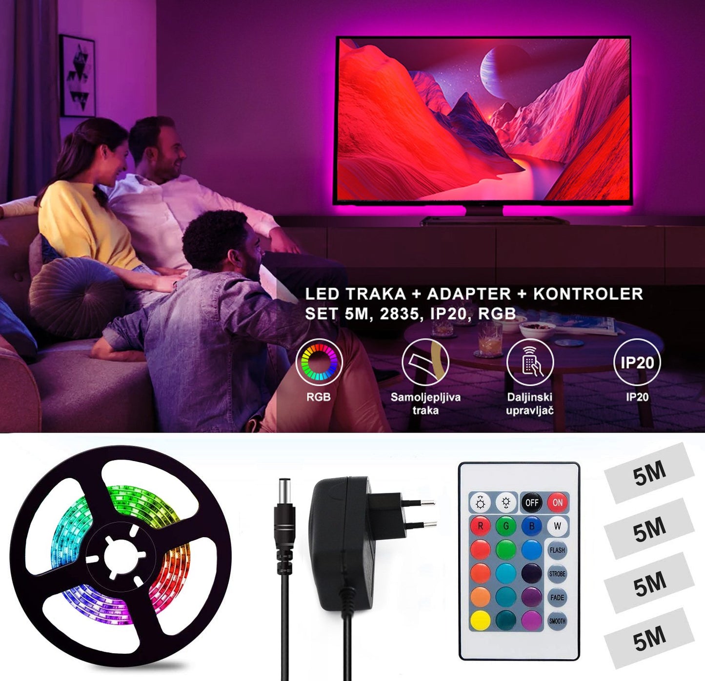 LED traka+adapter+kontroler - set 5M 2835 IP20 RGB